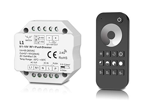 LEDUX 0/1-10V Dimmer mit 2.4G Funk, Push-Dimm Funktion, 230V, 1 Kanal, Einstellbar für 0-10V oder 1-10V (Dimmer + Fernbedienung)