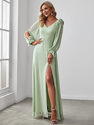 Image of Ever-Pretty Women's Fall Winter Formal Wedding Guest Dress Long Sleeve V Neck Chiffon Floor Length Bridesmaid Dresses 80116