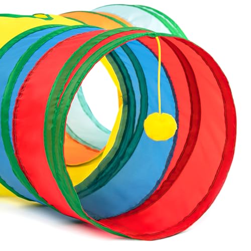 Image of Tempcore Cat Tunnel for Indoor Cats, 3 Way Collapsible Pet Play Tunnel with Teaser Wand, Peek Holes & Hanging Ball, Interactive Tube for Kittens & Rabbits, Rainbow