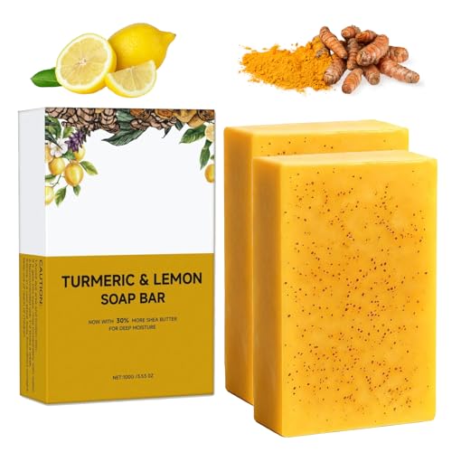 Jabón de limón y cúrcuma contra manchas oscuras, 30% más grande, jabón aclarador de la piel con ácido kójico, vitamina C, retinol y manteca de karité, puro, seguro, para cara, cuerpo, axilas (2)