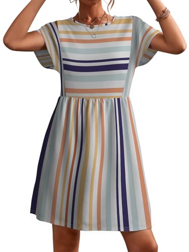 Image of Womens Summer Striped Short Sleeve T-Shirt Dresses Casual Crew Neck Mini Dress Flowy Beach Sundress