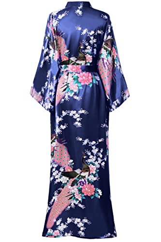 Image of BABEYOND Women's Kimono Robe Long Satin Robes with Peacock and Blossoms Printed Kimono Nightgown