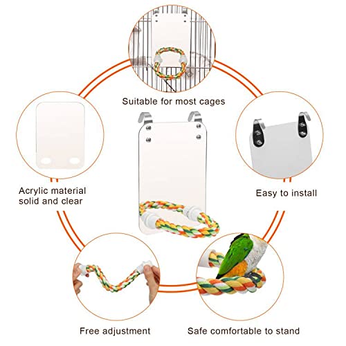 Image of AHIER 7 Inch Bird Mirror with Rope Perch, Bird Toys Swing Parrot Grinding Stone with Bell for Parakeet Cockatoo Cockatiel Lovebirds Canaries (Pack of 2)