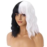 BERON 14 Inches Black White Wig Short Curly Black White Split Wig with Bangs for Women Daily Party Hairnet Include