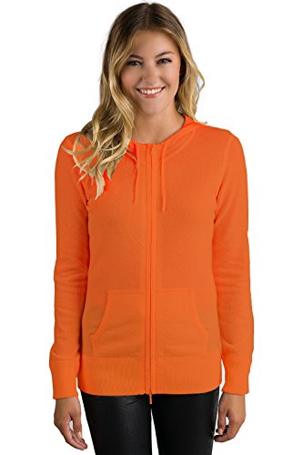 JENNIE LIU Women's 100% Pure Cashmere Long Sleeve Zip Hoodie Cardigan Sweater (XL, Tangerine)