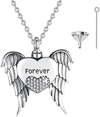 CELESTIA 925 Sterling Silver Memorial Necklace, Angel Wing Heart Ash Urn Pendant, Cremation Jewellery, Pets Memorial Keepsake