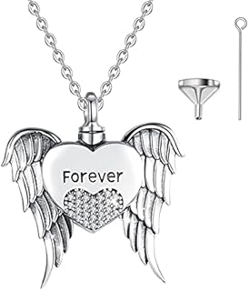 CELESTIA 925 Sterling Silver Memorial Necklace, Angel Wing Heart Ash Urn Pendant, Cremation Jewellery, Pets Memorial Keepsake