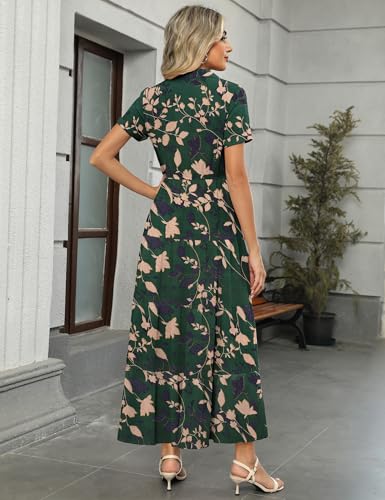 Image of Kranda Women 2026 Summer Collared V Neck Short Sleeve Button Down Chiffon Long Tiered Floral Maxi Dress with Pockets