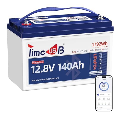 Timeusb 12V 140Ah LiFePO4 Bluetooth Batterie mit 150A Smart BMS, 1792Wh Energie, Tieftemperaturschutz (-20℃), 700A Spitzenstrom,Perfekter Lithium Akku für Wohnmobil, Solar & Off-Grid