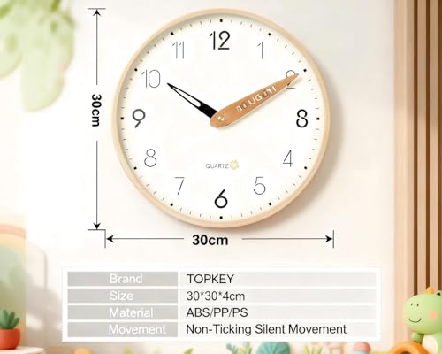 Image of Topkey 12 Inch Silent Wall Clock for Kids - Wooden Look Non Ticking Clock, Playroom & Classroom Decor, Easy Install(Battery Operated - Light Wooden Brown