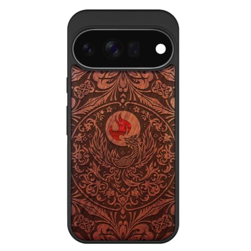 Coque Pixel 11 gravée Phoenix symbole de renaissance en bois et nacre