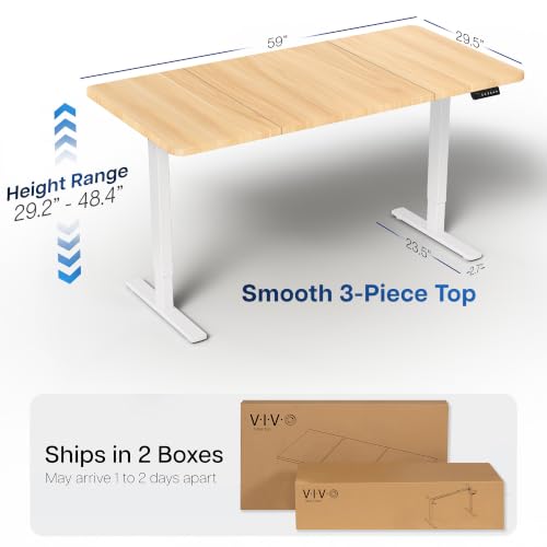 Image of VIVO Light Wood 60 x 30 in Standing Desk, DESK-KIT-1W6C-30 | Electric, Holds 220 lbs, Sit Stand, Height Adjustable, Extra Deep Table Top, Memory Presets, 1B Series, White Frame