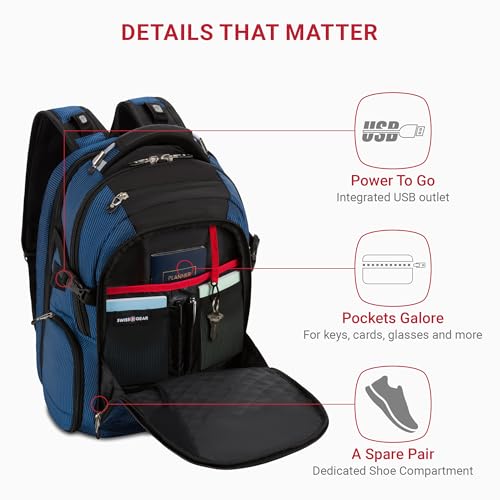 Image of SwissGear Travel Tech Elite Laptop Backpack - Fits Laptops up to 16 inch - ScanSmart TSA-Friendly Backpack with USB Port, Shoe Compartment & Organizer Pockets - Blue /Black