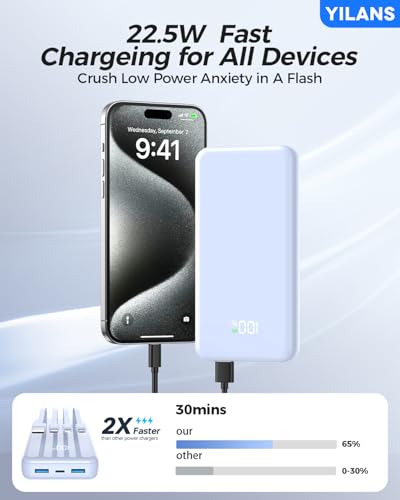 Image of Portable Charger,50000mAh Power Bank Built-in Cable, 22.5W PD USB C In & Out Fast Charging, External Battery Pack with 6 Output & 2 Input, Travel Phone Charger for iPhone 17 /16 /15 /14 /13 /12(Azure)