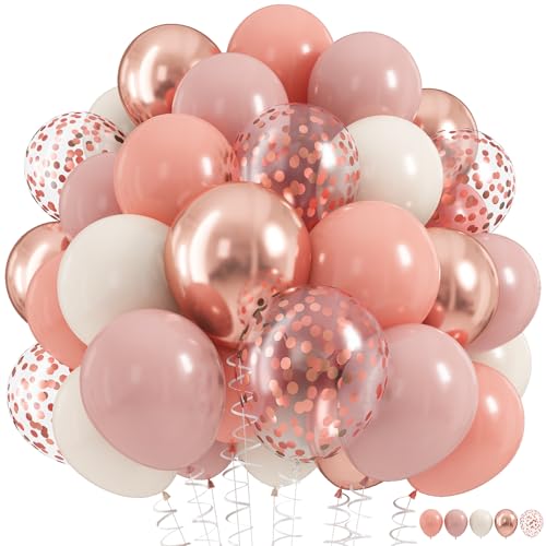 Image of Dusty Pink Balloon Set, 60Pcs 12 Inch Retro Blush Pink White Sand Nude Latex Balloon with Metallic Confetti Rose Pink Helium Balloon for Girls Women Birthday Party Baby Shower Boho Decoration Supplies