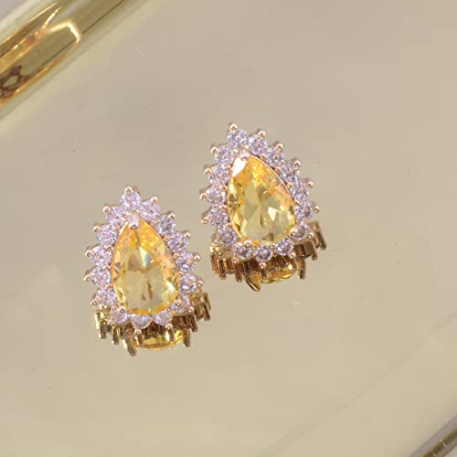 Citrine Halo Jewelry Set For Women - Sterling Silver Teardrop Yellow Cubic Zirconia Crystal Cz Rhinestone Bridal Birthstone Pendant Necklace Earrings Set For Girls Wedding Bride Bridesmaids Costume Jewelry #TOP5