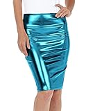 Jupe crayon moulante taille haute longueur genou pour femme, style : jupe taille haute brillante