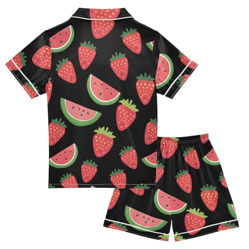 ALAZA Watermelon Strawberry Black Satin Pajamas Set Short Sleeve Button Down Sleepwear Summer Pjs 2 Piece2