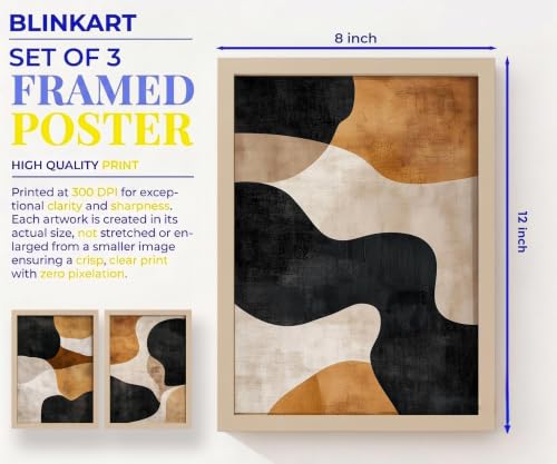 Image of BLINKART Set of 3 RUST BLACK CURVES BROWN CREAM BLOCK Natural Brown Frame Painting for Wall Decoration - Modern Art Wall Decor Framed Painting for Living Room Bedroom - Framed Wall Posters /Paintings (8X12 inch)