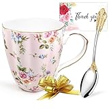 TEVLAUXO mug set,bone china coffee cups,with gold trim,rose pattern,floral,retro pattern,ceramic,porcelain tea cups,gift for women,with handle,spoon,large drinking mugs,cocoa,milk,water (Pink)