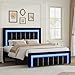 HOMBCK Full Size Bed Frame with LED Lights and Velvet Upholstered Headboard, Bed Frame Full with Modern Diamond Headboard Adjustable, Wooden Slats Support, Noise Free, No Box Spring Needed, Black
