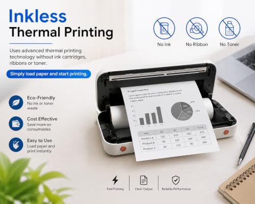 Image of A4 Wireless Mini Thermal Printer, Inkless Portable Printer with 203 DPI, Bluetooth & USB Connectivity, for Students Office Home Business Invoices Receipts Documents Travel