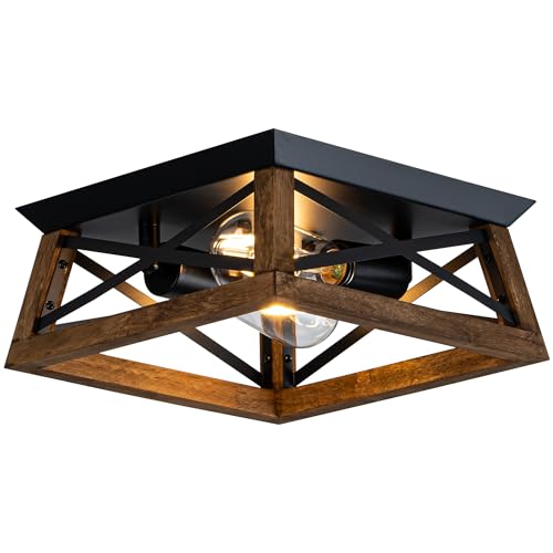 Lzglyptics 2-Light Farmhouse Light Fixture, Rustic Ceiling Light with Wood