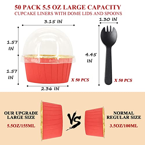Large Cupcake Liners Baking Cups 50 Pack,Lnyzqus 5.5 Oz Foil Muffin Cups Muffin Tins,Disposable Ramekins Tins With Lids And Spoons,Cupcake Wrappers Holders For Wedding Bakery-Red In Gold #TOP2