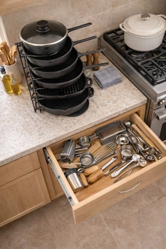 Image of Pan Organizer, Extra Large 5 Tier Shelf - Holds Cast Iron Skillets, Dutch Oven, Griddles Durable Space Saving Kitchen Storage No Assembly Required Black 15.4 Inch, Countertop, Tiered