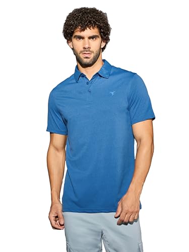 Image of TECHNOSPORT Men's Solid Slim Fit Polo Collar T-Shirt COTFLEX Half Sleeve Button Polyester for Gym Running Workout UPF50+ Anti Odour