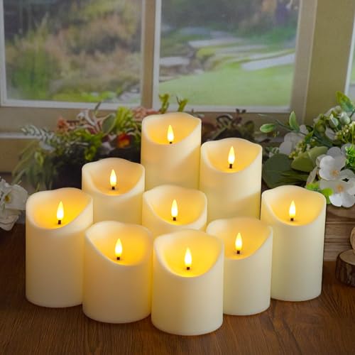 Image of Eebuss Flameless Candles with Remote Timer, Battery Operated Realistic Flickering LED Candles, 9 Packs Fake Candles for Home Decor (D3 x H 3 inch 4 inch 5 inch 6 inch 7 inch) (Ivory)