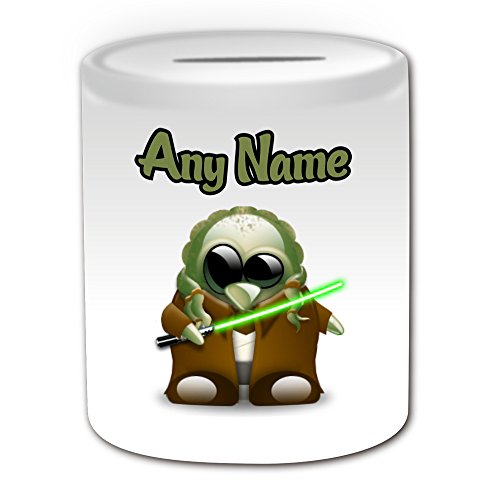 Regalo personalizado – Kit Fisto caja de dinero (tema de diseño de personaje de película de pingüino, blanco, cualquier nombre/mensaje en su único – Ahorro de alcancía – Disfraz de superhéroe Star
