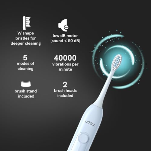 Image of athian Luxe Series UltraSonic Whitening Toothbrush with 2 Brush Heads 40,000 VPM Electric Motor & Rechargeable battery - 5 Super Brushing Modes & Smart timer (Adult Toothbrush - 2 Brush Heads)