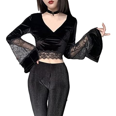 Goth Sexy Women Crop Top Flare Long Sleeve Lace Hollow Out Black T-Shirt Gothic Retro Bodycon Female V-Neck Tops Cover