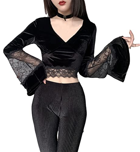Goth Sexy Women Crop Top Flare Long Sleeve Lace Hollow Out Black T-Shirt Gothic Retro Bodycon Female V-Neck Tops