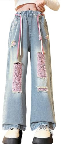 AUBIG Kids Girl's Casual Jeans High Elastic Waist Cool Ripped Jeans Straight Leg Distressed Denim Pants with Pocket