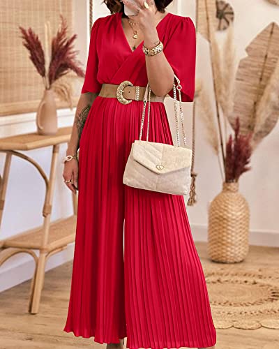 Btfbm Women Chiffon Wrap V Neck Summer Jumpsuit Spring Mesh Half Sleeve Elastic Waist Pleated Wide Leg Long Pants Romper(Solid Red, Small) #TOP6