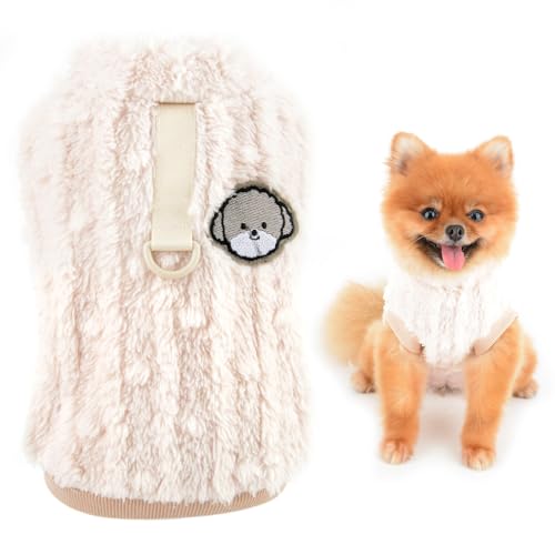 SMALLLEE_LUCKY_STORE Cute Sherpa Fleece Jumper for Small Dog Pet Warm Coat Soft Puppy Pullover with D-Ring Stretchy Sweatshirt Winter Autumn Yorkie Chihuahua Clothes,Khaki,S