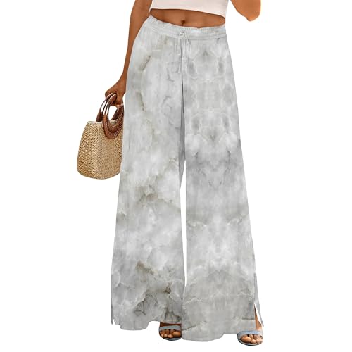 Women's Summer Casual High Waist Adjustable Drawstring Wide Leg Pants Print Palazzo Pants Beach Trousers with Pockets