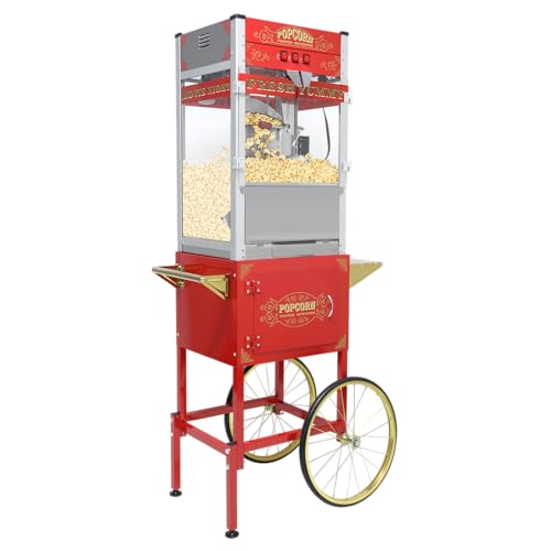 NUEFYR 20 oz Commercial Popcorn Machine Cart - Classic Red Movie Theater Style Popcorn Maker with Storage Stand and Wheels for Home, Parties and Concession Stands