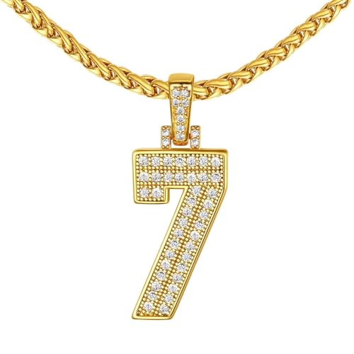 FindChic Bling Number Necklace Baseball Chain 14K Gold Plated Sports Football Pendant Hip Hop Cubic Zirconia Iced Custom Name Personalized Jewelry for Men Boys, Tennis Chain 18'' to 30'' + G