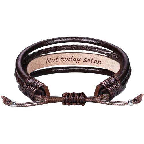 Image of Btysun Leather Bracelet for Men Birthday Gifts for Dad Him Boyfriend Friends Adjustable Cuff Bracelets for Women Brown Valentines Father's Day Gift for Mens Jewelry for Women with Inspirational Message, Metal, no gemstone