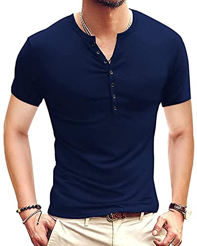 LVCBL Henley T-shirt court en coton respirant et décontracté pour homme Uni Coupe droite, Marine, S Cover