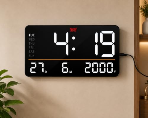 Image of Ajanta Quartz Digital Wall Clock with Large Display Day Date Month Year Display ABS Plastic Body Rectangle USB Powered LED Wall Clock for Hall Home Office Bedroom 32.8 x 21.8 x 3 cm OLC-501 (White)