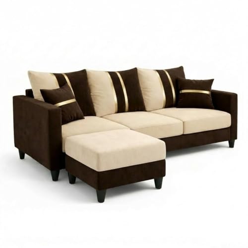 Image of Jester 4 Seater L Shape Sofa Set with Movable Ottoman | Flexible Left or Right Layout | Luxury Velvet Suede Fabric | Modern Living Room Sofa | Dark Brown-Cream