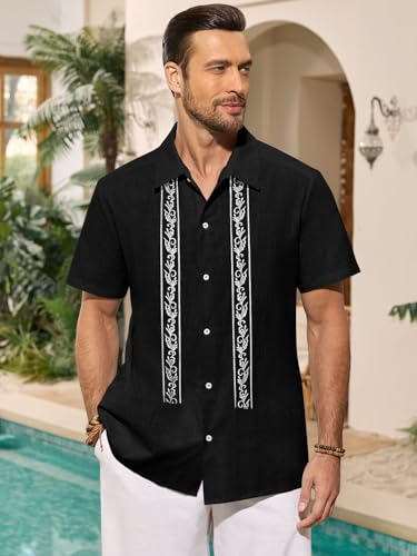 Mens Cuban Guayabera Shirts Cotton Linen Short Sleeve Shirt Casual Hippie Beach Button Down Pocket Shirt3
