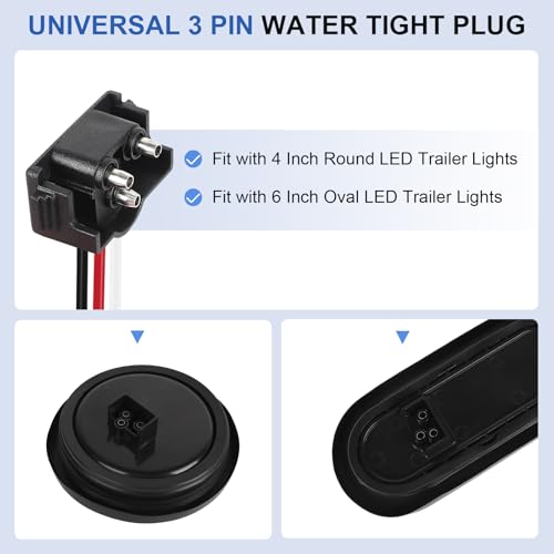 Image of 3 Pin Trailer Connector, Right Angle 3 Wire Pigtail Harness 20AWG Trailer Lights Connector for Sealed 4 inch Round Lights & 6 inch Oval Lights, Stop Turn Tail Brake Backup Light Harness - 6pcs