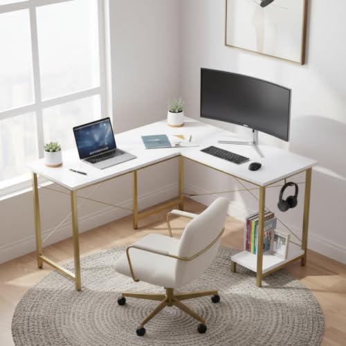 Image of RIZIK Store L-Shaped Computer Desk | 50-Inch Corner Gaming & Study Table with Engineered Wood Top, Metal Frame & CPU Shelf | Writing Workstation for Bedroom, Office & Small Rooms (White Gold)