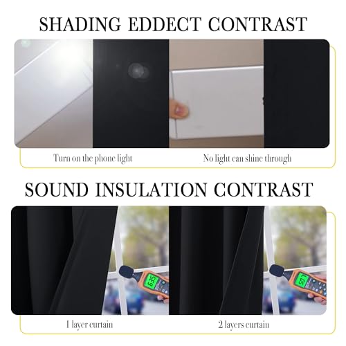 Image of NICETOWN 100% Blackout Curtain Set, Thermal Insulated & Energy Efficiency Window Draperies with Same Color Liner, Noise Reducing Short Curtains for Living Room (Jet Black, 42 inch W x 63 inch L, 2 Panels)