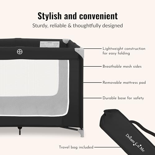 Image of Dream On Me Zoom Portable Playard in Black, Lightweight, Packable and Easy Setup Baby Playard, Breathable Mesh Sides and Soft Fabric - Comes with a Removable Padded Mat